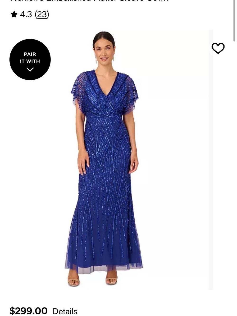Adrianna Papell Royal Blue Beaded Flutter Sleeve Maxi Gown (NWT)